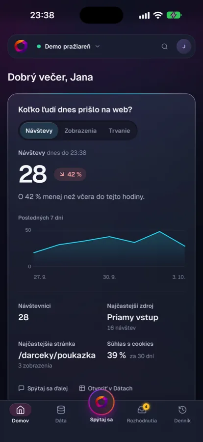 Domů v aplikaci Conseto, projekt Demo pražiareň