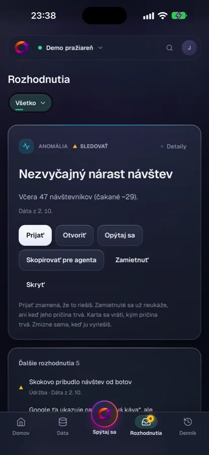 Rozhodnutí v aplikaci Conseto, projekt Demo pražiareň