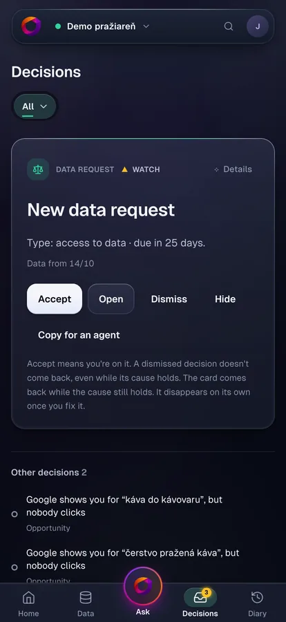 Decisions in the Conseto app, Demo pražiareň project
